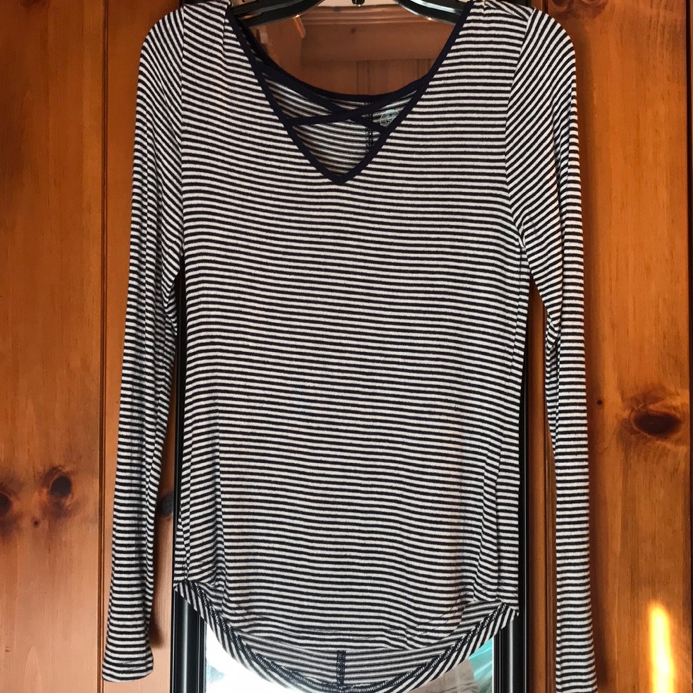 navy blue and white striped long sleeve shirt